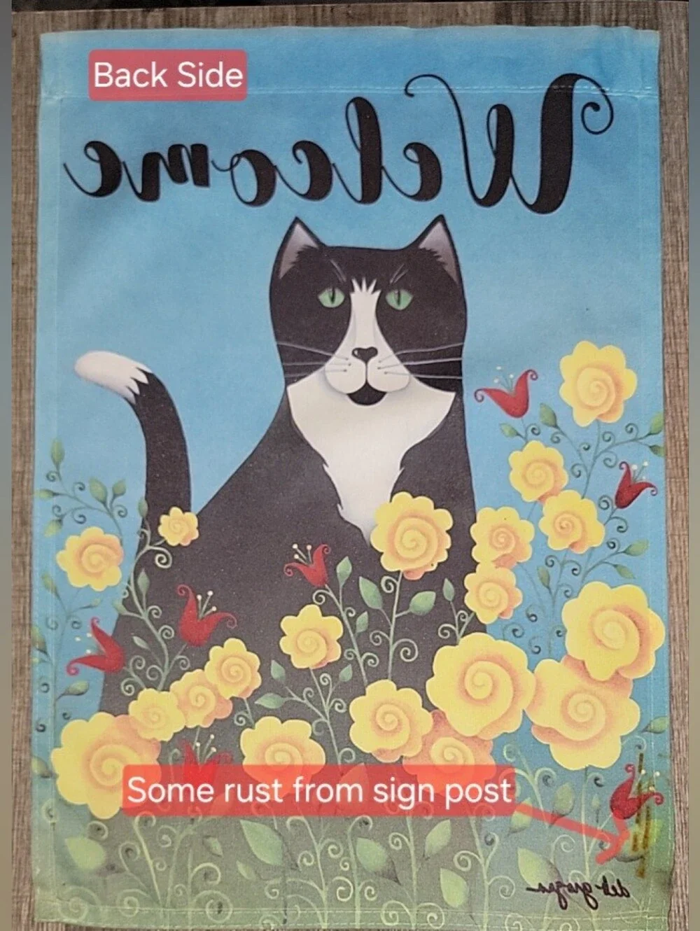Decorative Spring Garden Flag Blue Background! Cat & Flowers